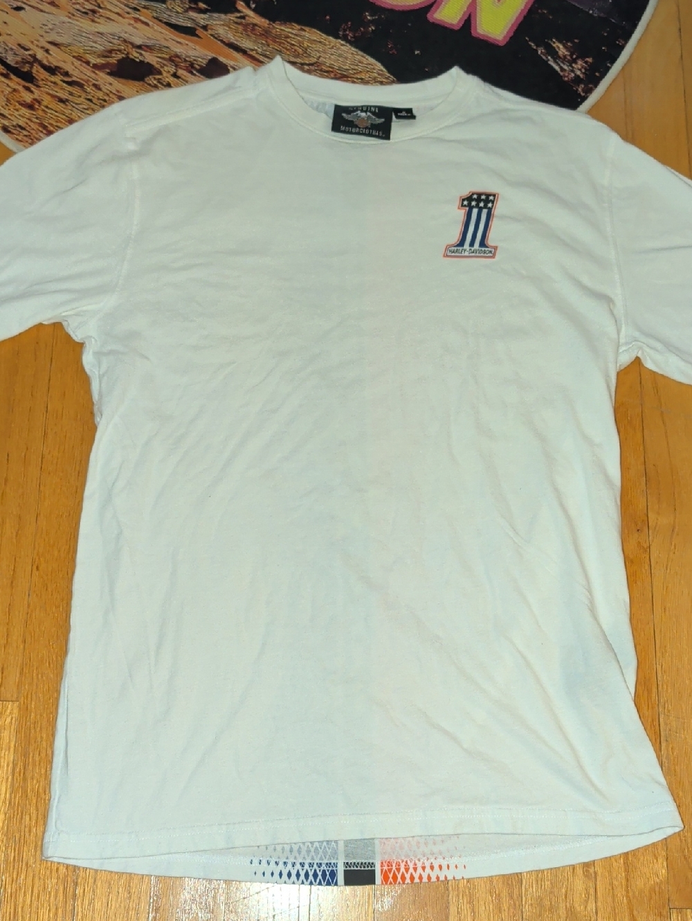 Harley-Davidson White Short-Sleeve Tee with Red & Blue Number 1 Patch